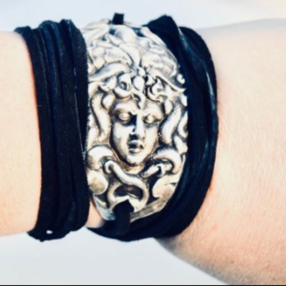 Antique Sterling Silver Medusa 925 Tie Wrap Cuff Art Nouveau Genuine Leather - Picture 6 of 6